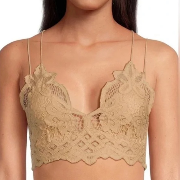 Free People Adella Bralette Nude Tan XS Smocked Crop Top Lace Summer Boho Beach - Picture 1 of 9